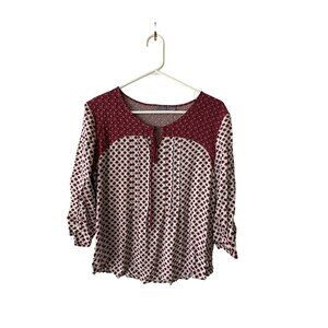 Laura Scott Petite Red & White Floral Print Blouse 3/4 Sleeve Tie Neck Basic